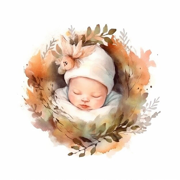 Aesthetic Watercolor Baby on Wreath Illustration