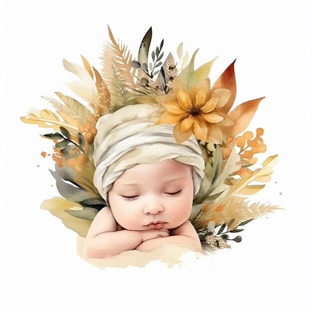 Aesthetic Watercolor Baby on Wreath Illustration