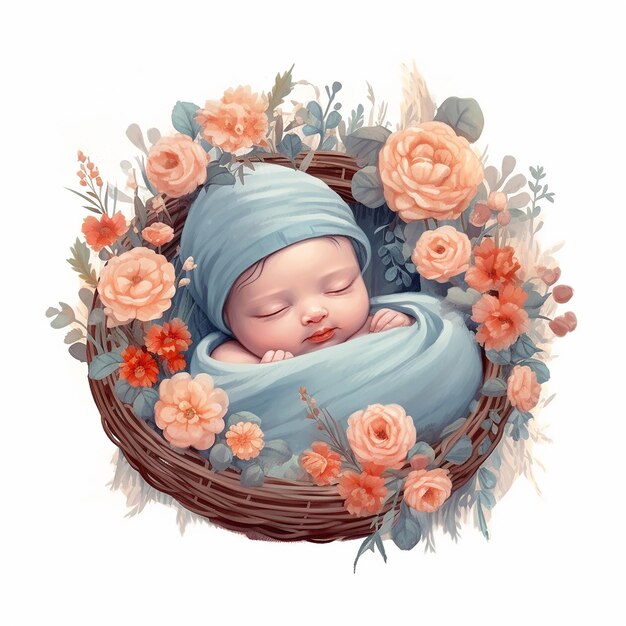 Aesthetic Watercolor Baby on Wreath Illustration