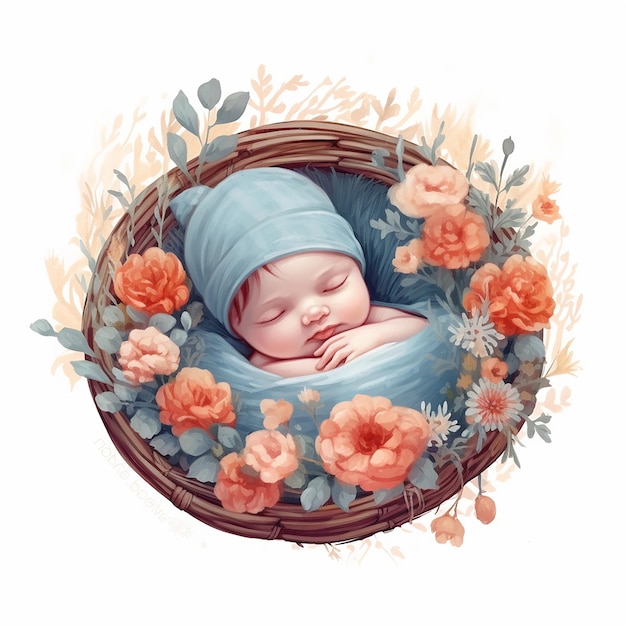 Aesthetic Watercolor Baby on Wreath Illustration