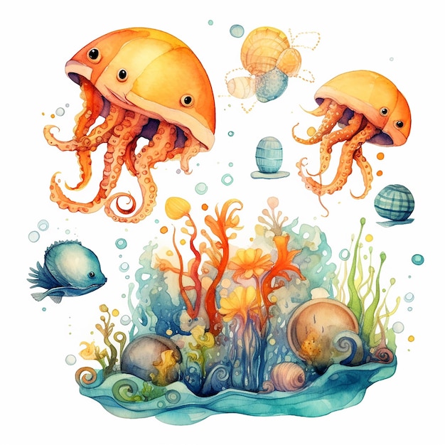 Aesthetic Watercolor Ocean Life Illustration