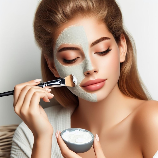 aesthetic woman applying moisturizing face mask in spa salon