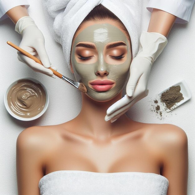 aesthetic woman applying moisturizing face mask in spa salon