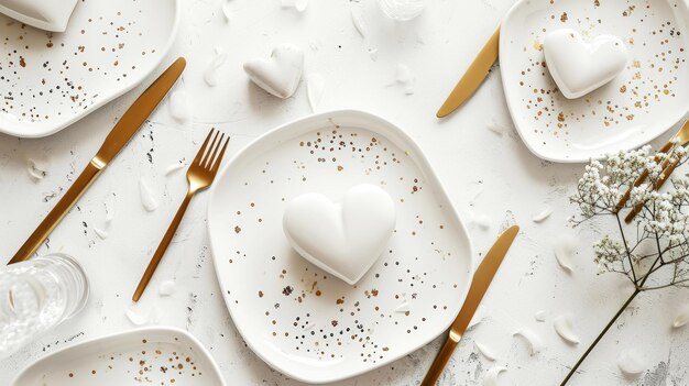 Photo aesthetically decorated table with heartshaped plates and gold cutlery top view generative ai