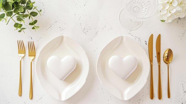 Photo aesthetically decorated table with heartshaped plates and gold cutlery top view generative ai