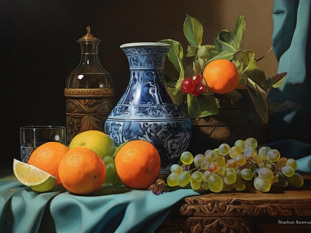 Aesthetics of blue shades still life with fruit and vase