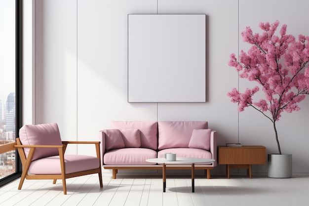 Aesthetics in Pink Shades Interior with Modern Frame and Upholstered Furniture