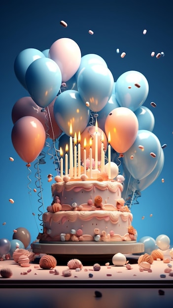 Afbeelding 3Dweergave van een feestelijke verjaardagstaart met ballonnen achtergrond Verticaal mobiel behang