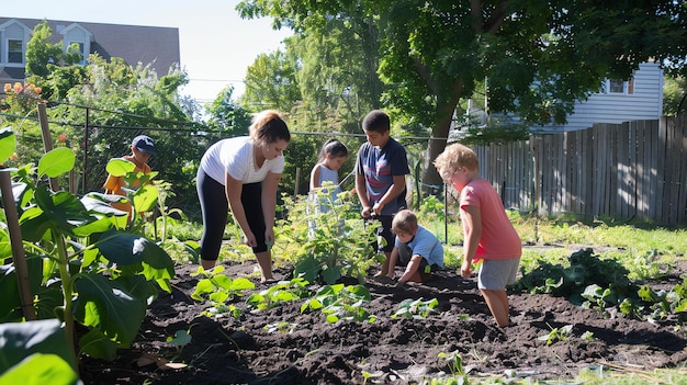 Afbeelding beschrijving Een groep kinderen plant in een tuin met de hulp van een volwassene