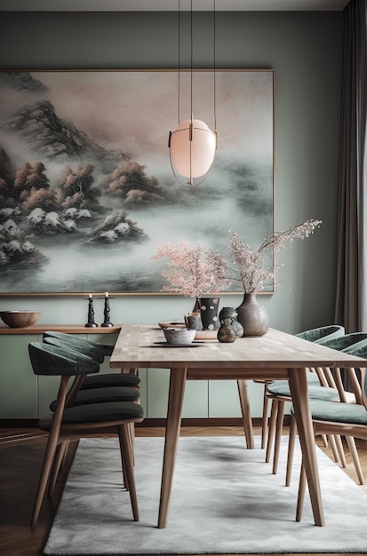 Afbeelding gegenereerd door AI gezellige eetkamer met scandinavische stijl en vleugjes oosters design