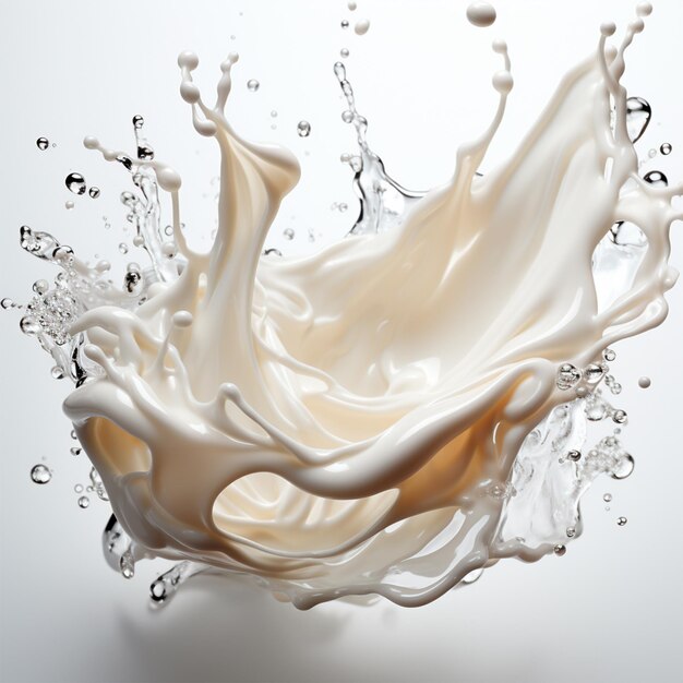Afbeelding gegenereerd door AI van spetterende verse koemelk en witte melk