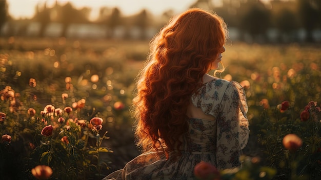 Afbeelding gegenereerd met AI edhaired vrouw die bij zonsopgang door een veld met bloemen loopt