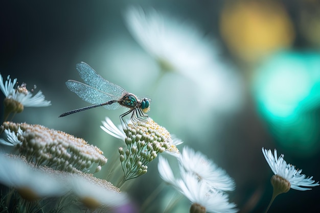 Afbeelding met een libel in selectieve focus die op een bloem zweeft