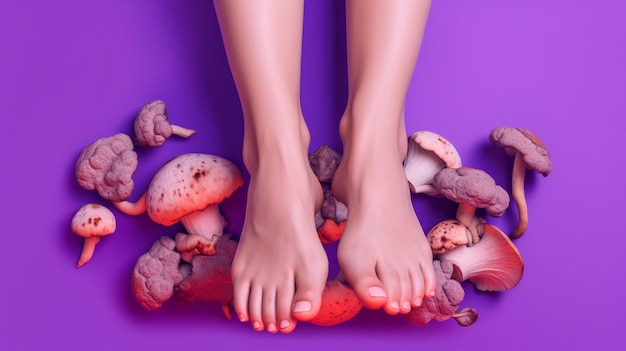 afbeelding met vrouwelijke blote benen voeten met paddenstoelen tussen vingers gezondheidszorg voetschimmel