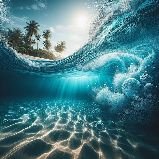 Afbeelding van 3d blauw Watergolf splash drop en bubbels achtergrond ai gegenereerd