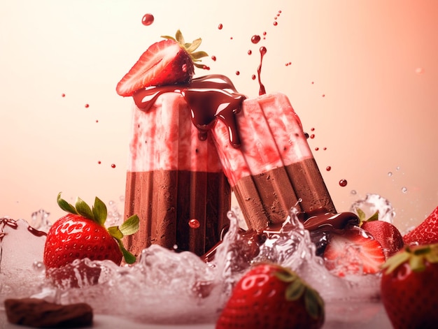 afbeelding van aardbeien- en chocolade-ijs met prachtige aardbeien eromheen