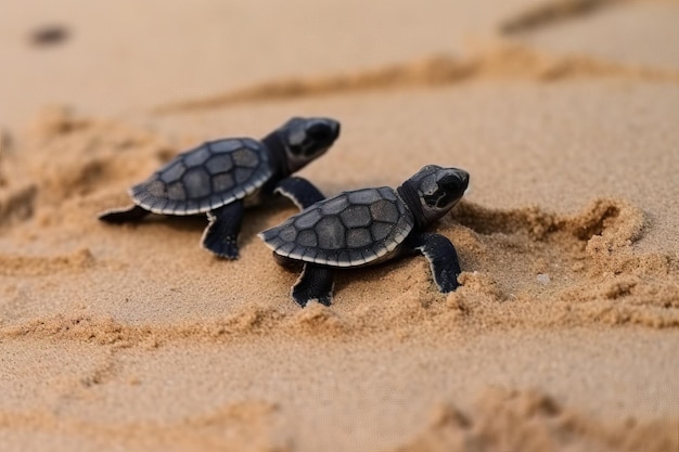 Afbeelding van baby zwarte zeeschildpad op het zand Zeedieren Illustratie Generatieve AI