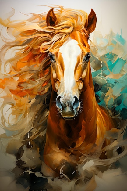 Afbeelding van bruin en wit paard met lang haar Generatieve AI