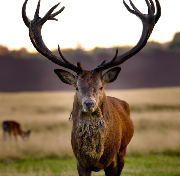 Afbeelding van close-up van hert met gewei op achtergrond van een veld