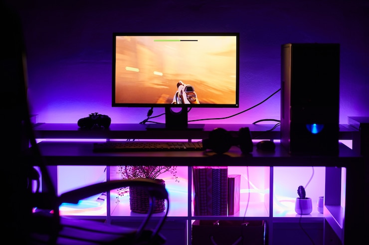 Foto afbeelding van computermonitor met spel erop op tafel met fel licht in de donkere kamer