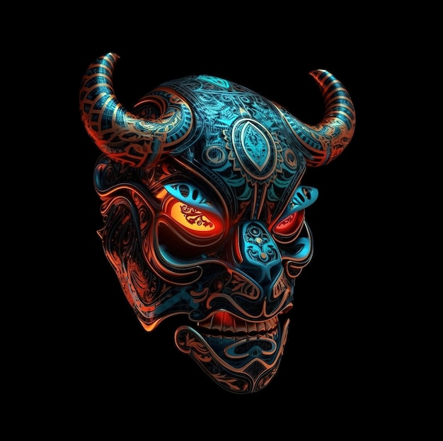 Afbeelding van cyberpunk-stiermasker met kleurrijke patronen op zwarte achtergrond Dieren in het wild Dieren Illustratie Generatieve AI