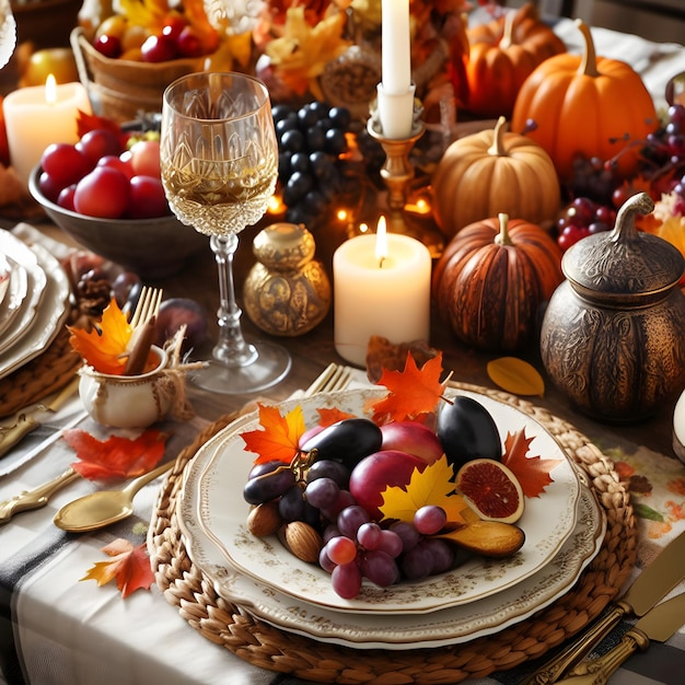 Afbeelding van de herfsttafel voor de viering van Thanksgiving Decoratie met pompoenen en kaarsen