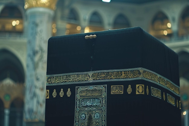 Afbeelding van de Kaaba in Mekka met het gebed achterin