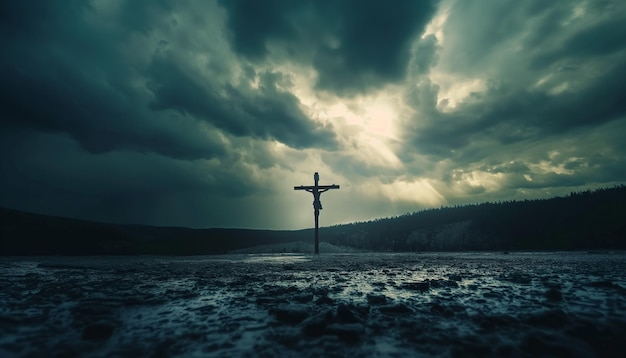 Foto afbeelding van de kruisiging in de heilige week silhouet van christus op het kruis bij zonsondergang op goede vrijdag