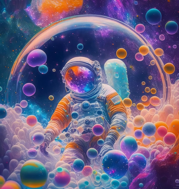Afbeelding van een astronaut in een kleurrijk sterrenstelsel van bubbels op een andere planeet