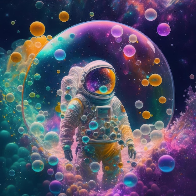 Afbeelding van een astronaut in een kleurrijk sterrenstelsel van bubbels op een andere planeet