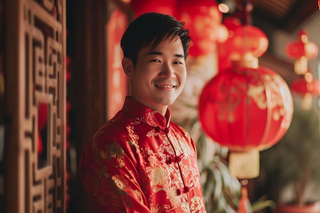 Afbeelding van een Aziatische man die rood draagt op het Chinese Nieuwjaarsfeest