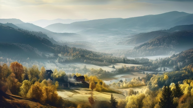 Afbeelding van een bergdal met bergen en een bos Generatieve AI