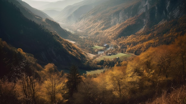 Afbeelding van een bergdal met bergen en een bos Generatieve AI