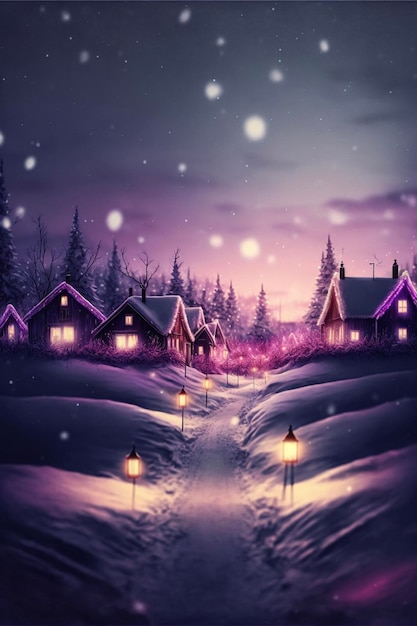 Afbeelding van een besneeuwd dorp 's nachts generatieve ai