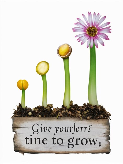 Foto afbeelding van een bloem in verschillende groeifasen met een opbeurende boodschap op een houten bord