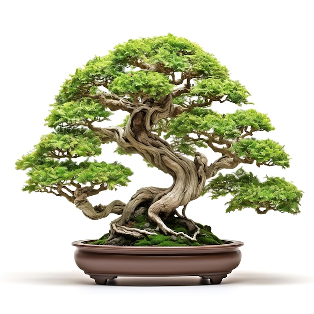 Afbeelding van een bonsaiboom met groene bladeren en een mooie vorm in een pot op een witte achtergrond Illustratie Generatieve AI