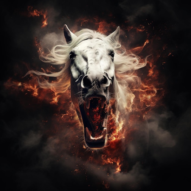 Afbeelding van een boos paardgezicht en vlammen op een donkere achtergrond Dieren in het wild Illustratie Generatieve AI