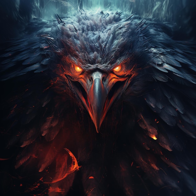 Afbeelding van een boze duivel adelaar angstaanjagend en vlammen op donkere achtergrond Vogels Wilddieren Illustratie Generatieve AI