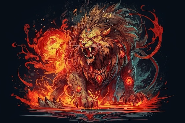 Afbeelding van een boze leeuw en vlammen Wildlife Animals Illustratie Generatieve AI