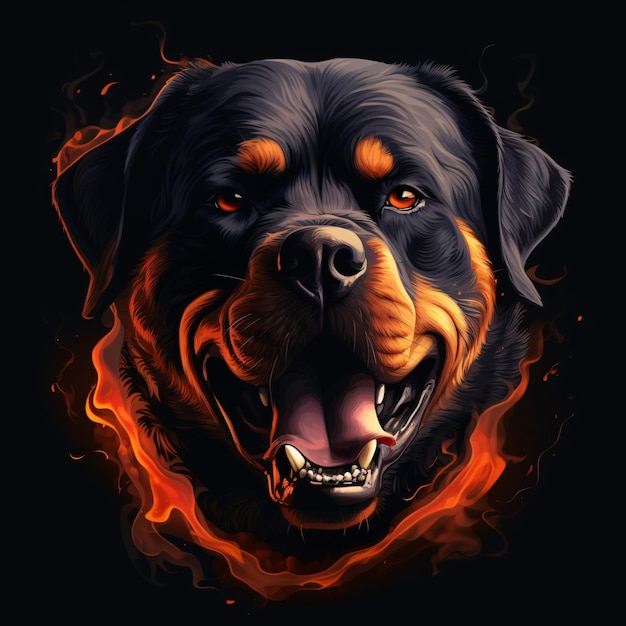 Afbeelding van een boze rottweiler hond gezicht en vlammen