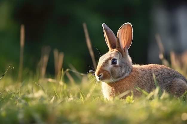 Afbeelding van een bruin konijn dat in de zomer op groen gras rust Wilddieren Illustratie Generatieve AI