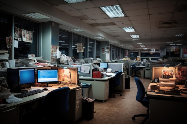Afbeelding van een donkere werkplaats gevuld met veel documenten kantoor nadat de werknemers klaar zijn met het werk door
