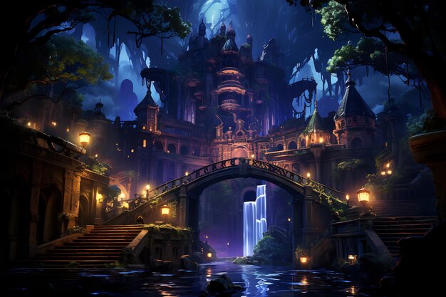 Afbeelding van een fantasie stad met brug en waterval Generatieve AI