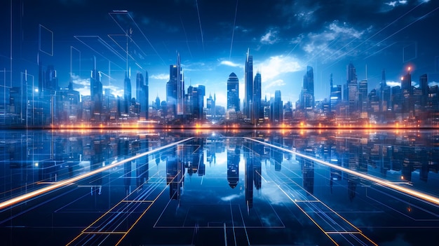 Afbeelding van een futuristische stads skyline met blauwe lichten en technologische effecten eromheen Concept van toekomst en science fiction Afbeelding gemaakt met AI