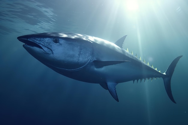 Afbeelding van een gigantische blauwvintonijn die in helder oceaanwater zwemt Onderzeese dieren Illustratie Generatieve AI