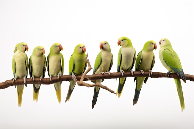 Afbeelding van een groep alexandrine parkieten op een tak op een witte achtergrond Vogels Dieren Illustratie Genatieve AI