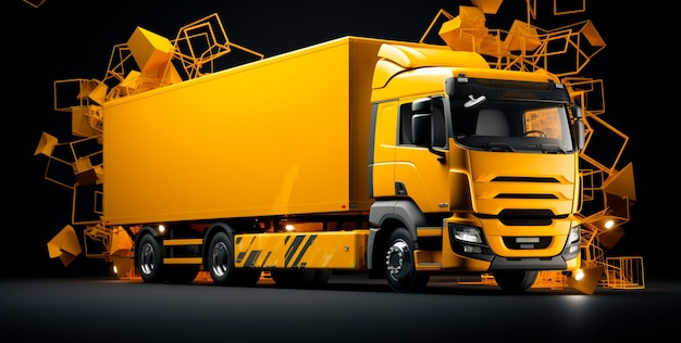 Afbeelding van een grote vrachtwagen in gele en oranje kleur