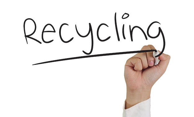 Afbeelding van een handmarkering en recyclingwoord geïsoleerd op wit