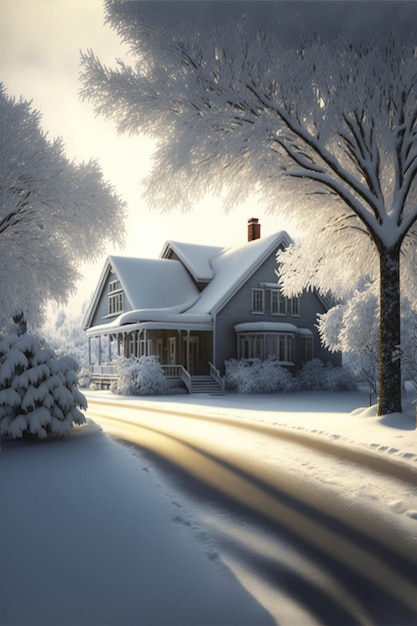 Afbeelding van een huis in de sneeuw generatieve ai