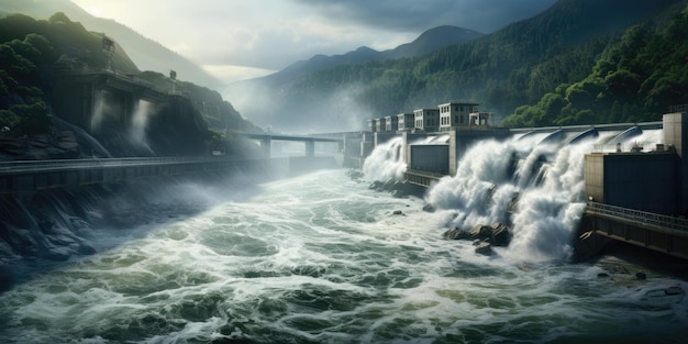 Afbeelding van een hydro-elektrische dam als energiebron, de beweging van water Generatieve AI